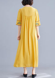 Women o neck Cinched cotton linen Robes Fabrics yellow embroidery Dresses summer - bagstylebliss