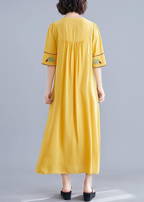 Women o neck Cinched cotton linen Robes Fabrics yellow embroidery Dresses summer - bagstylebliss