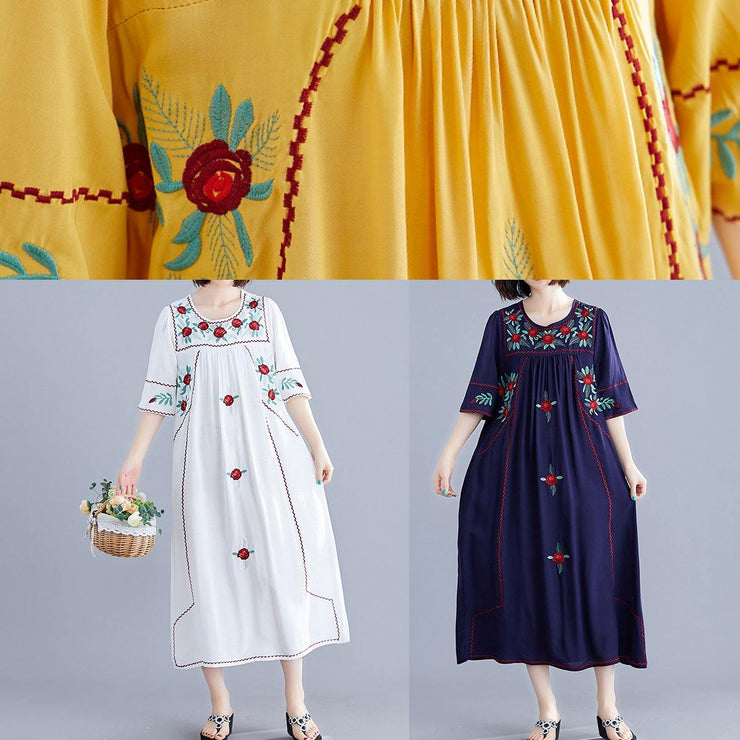 Women o neck Cinched cotton linen Robes Fabrics yellow embroidery Dresses summer - bagstylebliss