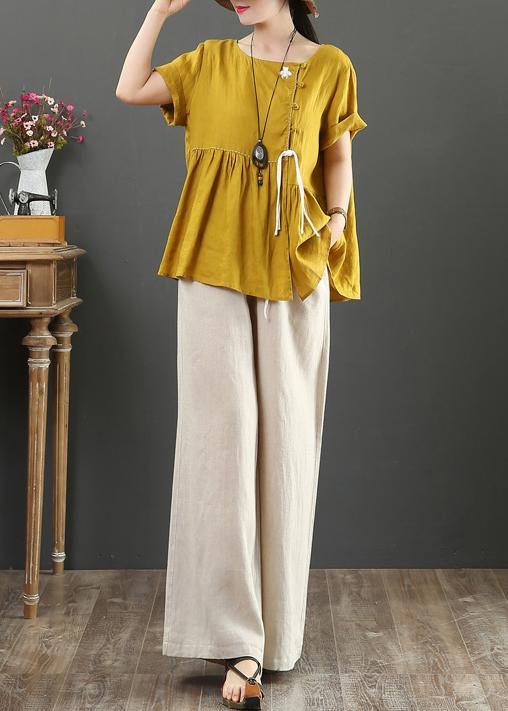 Women o neck Cinched linen clothes design yellow shirts - bagstylebliss