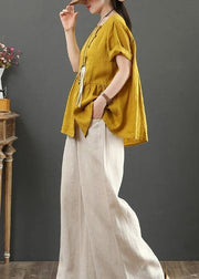 Women o neck Cinched linen clothes design yellow shirts - bagstylebliss