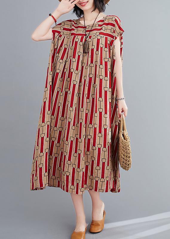 Women o neck Cinched summerTunics Fabrics red print long Dress - bagstylebliss