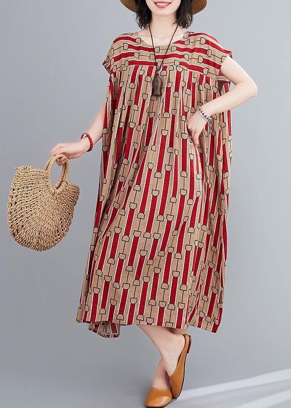 Women o neck Cinched summerTunics Fabrics red print long Dress - bagstylebliss