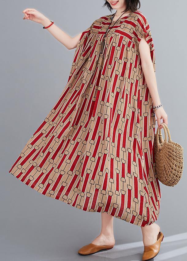 Women o neck Cinched summerTunics Fabrics red print long Dress - bagstylebliss