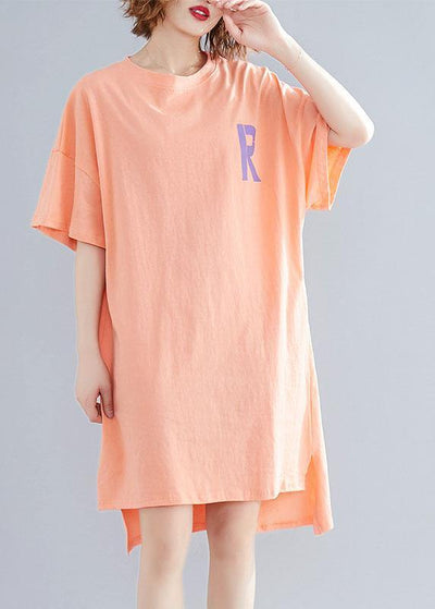 Women orange print linen Wardrobes o neck side open cotton summer Dress - bagstylebliss