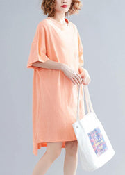 Women orange print linen Wardrobes o neck side open cotton summer Dress - bagstylebliss