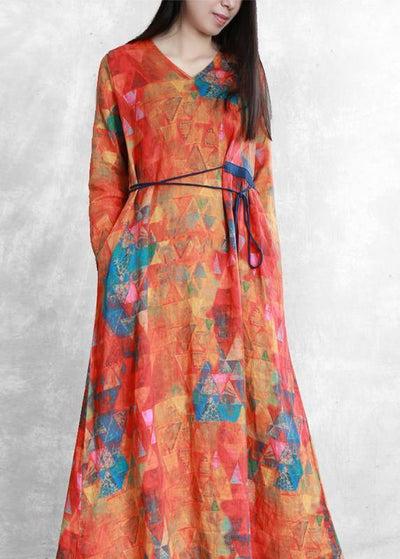 Women orange print linen clothes v neck tunic long summer Dresses - bagstylebliss