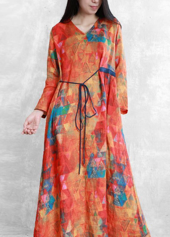 Women orange print linen clothes v neck tunic long summer Dresses - bagstylebliss