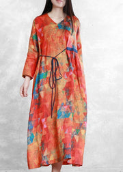 Women orange print linen clothes v neck tunic long summer Dresses - bagstylebliss