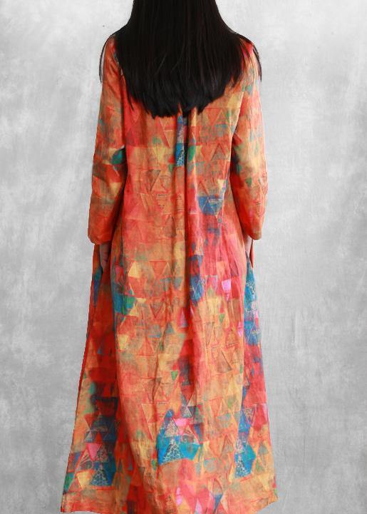 Women orange print linen clothes v neck tunic long summer Dresses - bagstylebliss