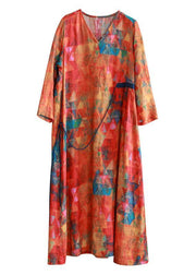 Women orange print linen clothes v neck tunic long summer Dresses - bagstylebliss