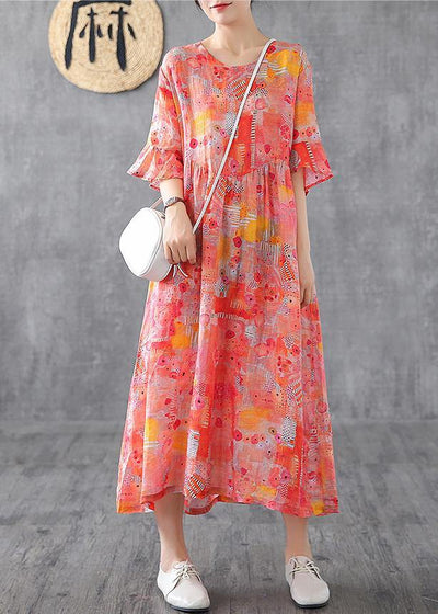 Women orange print linen dress o neck Petal Sleeve Robe summer Dress - bagstylebliss