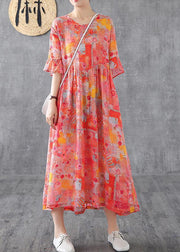 Women orange print linen dress o neck Petal Sleeve Robe summer Dress - bagstylebliss