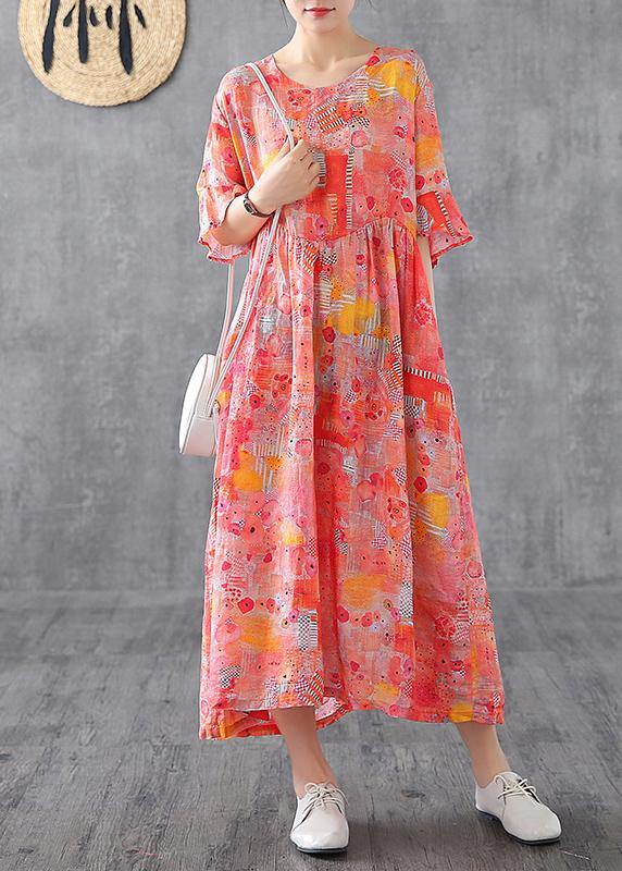 Women orange print linen dress o neck Petal Sleeve Robe summer Dress - bagstylebliss