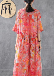 Women orange print linen dress o neck Petal Sleeve Robe summer Dress - bagstylebliss