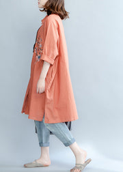 Women orange red linen crane tops Plus Size Tutorials lapel embroidery Summer shirt