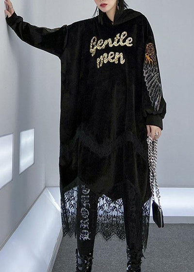 Women patchwork lace alphabet pattern Catwalk black hooded Maxi Dress - bagstylebliss