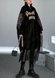 Women patchwork lace alphabet pattern Catwalk black hooded Maxi Dress - bagstylebliss