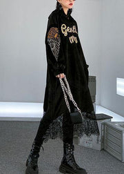 Women patchwork lace alphabet pattern Catwalk black hooded Maxi Dress - bagstylebliss