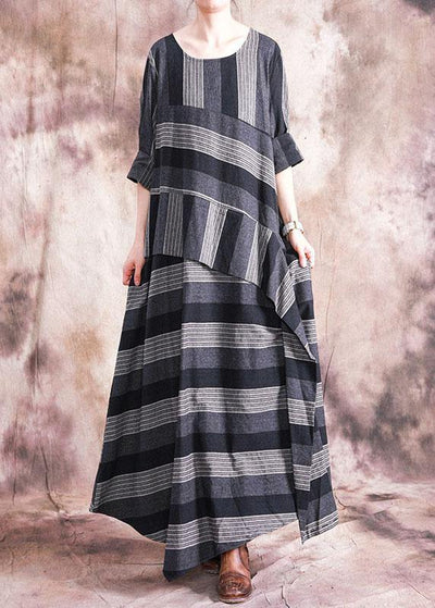 Women patchwork linen clothes Sewing gray striped Dress fall - bagstylebliss