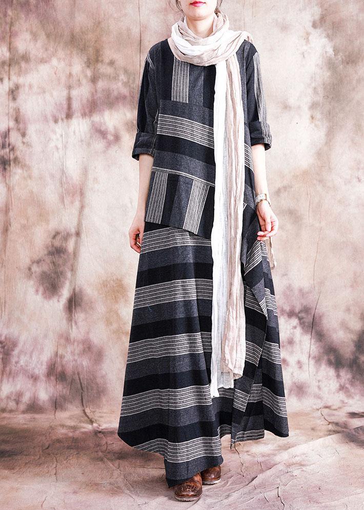 Women patchwork linen clothes Sewing gray striped Dress fall - bagstylebliss