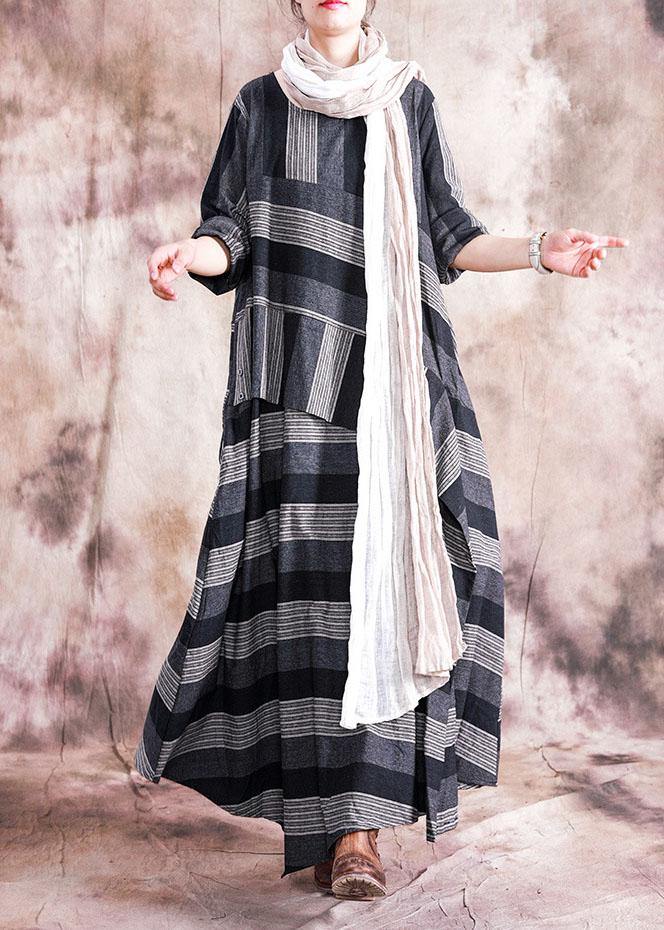 Women patchwork linen clothes Sewing gray striped Dress fall - bagstylebliss