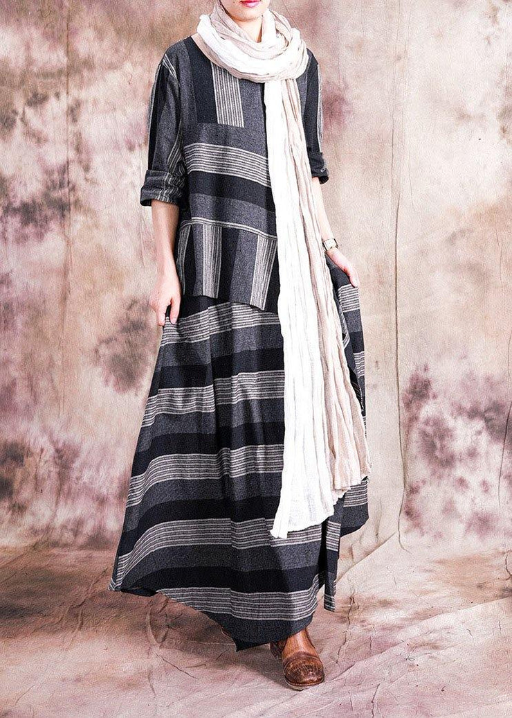 Women patchwork linen clothes Sewing gray striped Dress fall - bagstylebliss