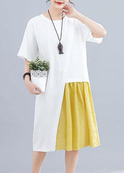 Women patchwork o neck linen dresses Sewing white Dresses summer - bagstylebliss