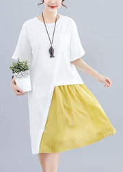 Women patchwork o neck linen dresses Sewing white Dresses summer - bagstylebliss