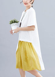 Women patchwork o neck linen dresses Sewing white Dresses summer - bagstylebliss