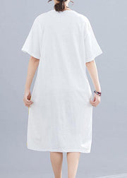 Women patchwork o neck linen dresses Sewing white Dresses summer - bagstylebliss