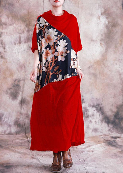 Women patchwork prints clothes For Women Neckline red long Dress fall - bagstylebliss