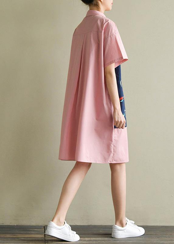 Women pink Cotton quilting clothes lapel patchwork Knee summer Dress - bagstylebliss