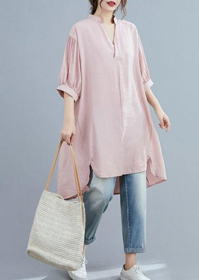 Women pink clothes v neck lantern sleeve Art summer top - bagstylebliss