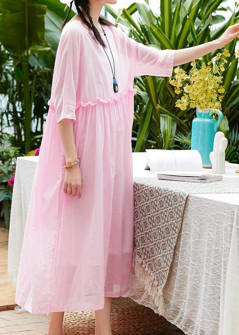 Women pink cotton linen Robes o neck patchwork A Line summer Dresses - bagstylebliss