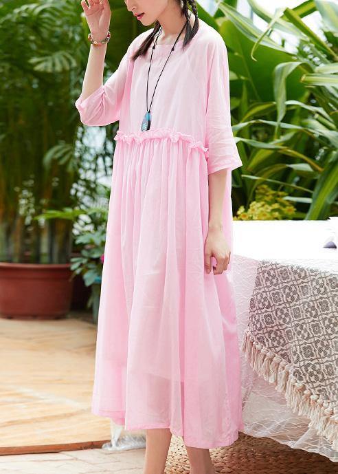 Women pink cotton linen Robes o neck patchwork A Line summer Dresses - bagstylebliss