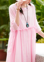 Women pink cotton linen Robes o neck patchwork A Line summer Dresses - bagstylebliss