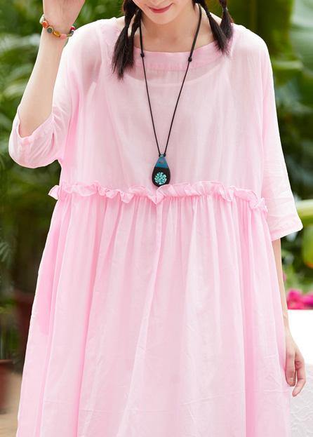 Women pink cotton linen Robes o neck patchwork A Line summer Dresses - bagstylebliss