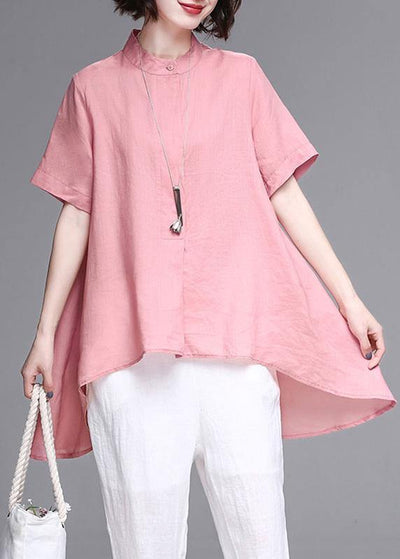 Women pink cotton linen clothes Work stand collar asymmetric summer tops - bagstylebliss