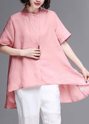 Women pink cotton linen clothes Work stand collar asymmetric summer tops - bagstylebliss