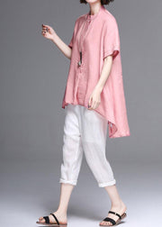 Women pink cotton linen clothes Work stand collar asymmetric summer tops - bagstylebliss