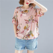 Women pink floral linen top silhouette Plus Size Outfits o neck Cinched tops