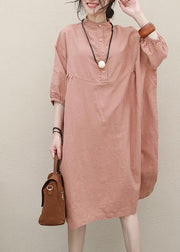 Women pink linen Robes stand collar Batwing Sleeve loose summer Dresses - bagstylebliss