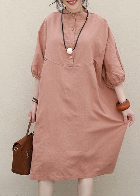 Women pink linen Robes stand collar Batwing Sleeve loose summer Dresses - bagstylebliss