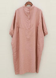 Women pink linen Robes stand collar Batwing Sleeve loose summer Dresses - bagstylebliss