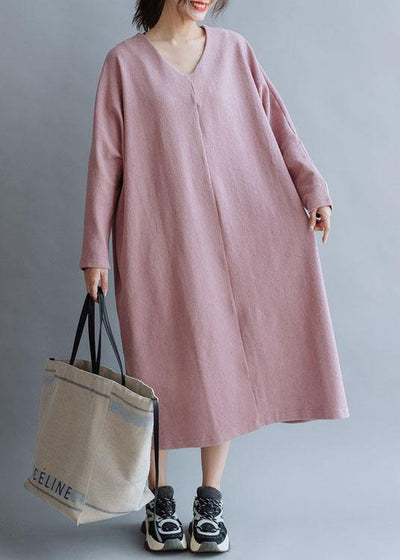 Women pink linen cotton outfit v neck Traveling fall Dresses - bagstylebliss
