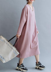 Women pink linen cotton outfit v neck Traveling fall Dresses - bagstylebliss