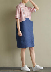 Women pink patchwork blue linen Robes lapel shift summer Dress - bagstylebliss