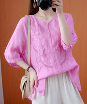 Women pink shirts v neck embroidery oversized summer shirts - bagstylebliss