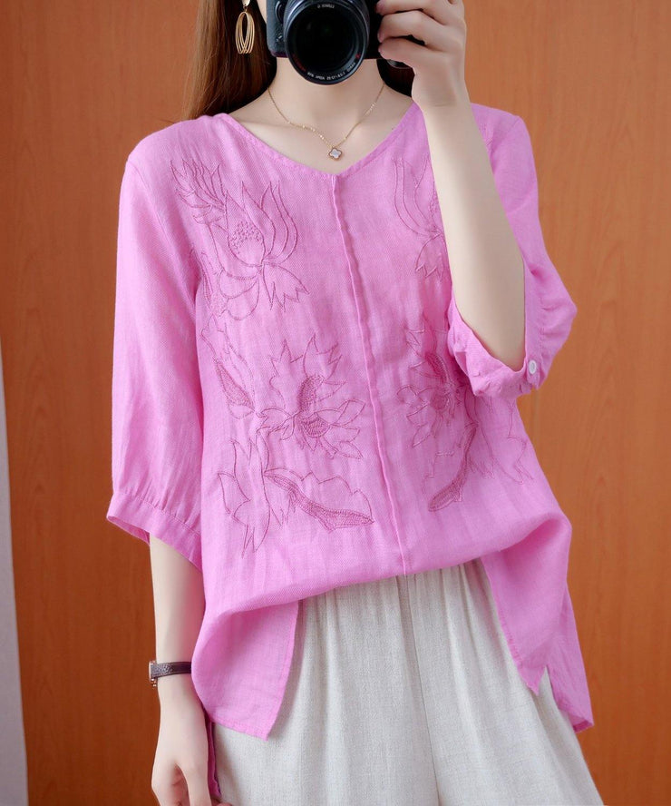 Women pink shirts v neck embroidery oversized summer shirts - bagstylebliss